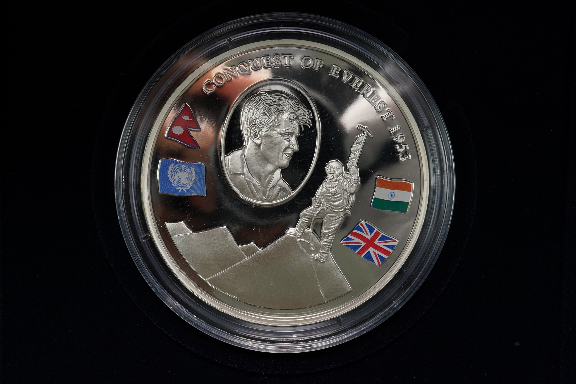 Westminster mint, three 5oz. silver commemorative medals; 2002 annual history, 2003 50th anniversary of the conquest of Everest and 2004 great liners, in case of issue with certificate, limited editions of 300 and 500.